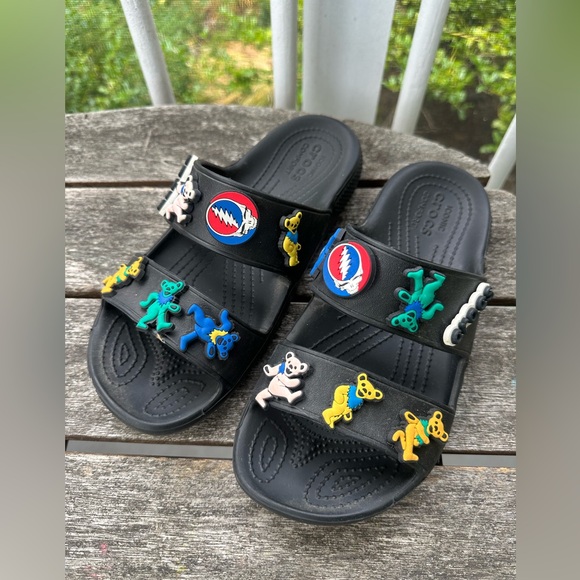 CROCS Black Slide Sandals with Colorful Grateful Dead Dancing Bears - Picture 1 of 7